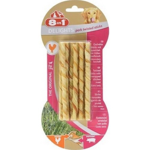 Pacote com 10 barrinhas Delights para cães, sabor frango e porco.