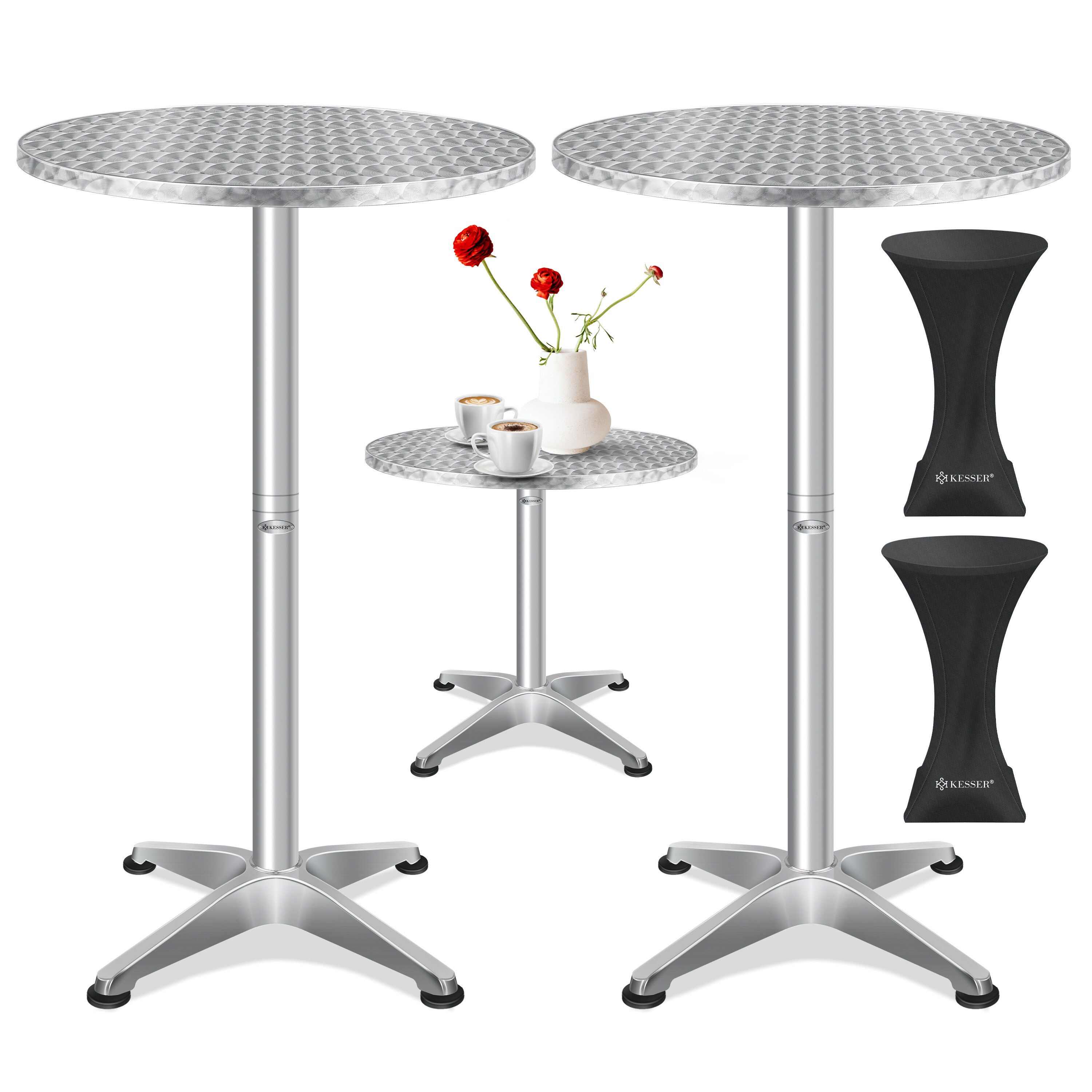 KESSER® 2in1 Stehtisch Bistrotisch Aluminium Edelstahlplatte | höhenverstellbar | 70cm / 115cm | Partytisch Tisch | In- & Outdoor | Hochzeit | Empfangstisch | 4 Standfüße und Regencover