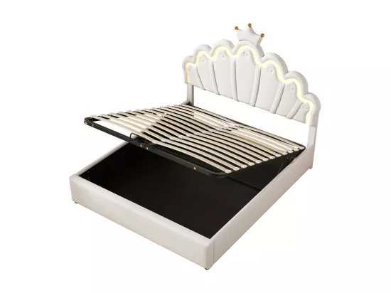 Lit coffre rembourré en similicuir 140x200cm - lit princesse avec LED et moulures en couronne - Blanc