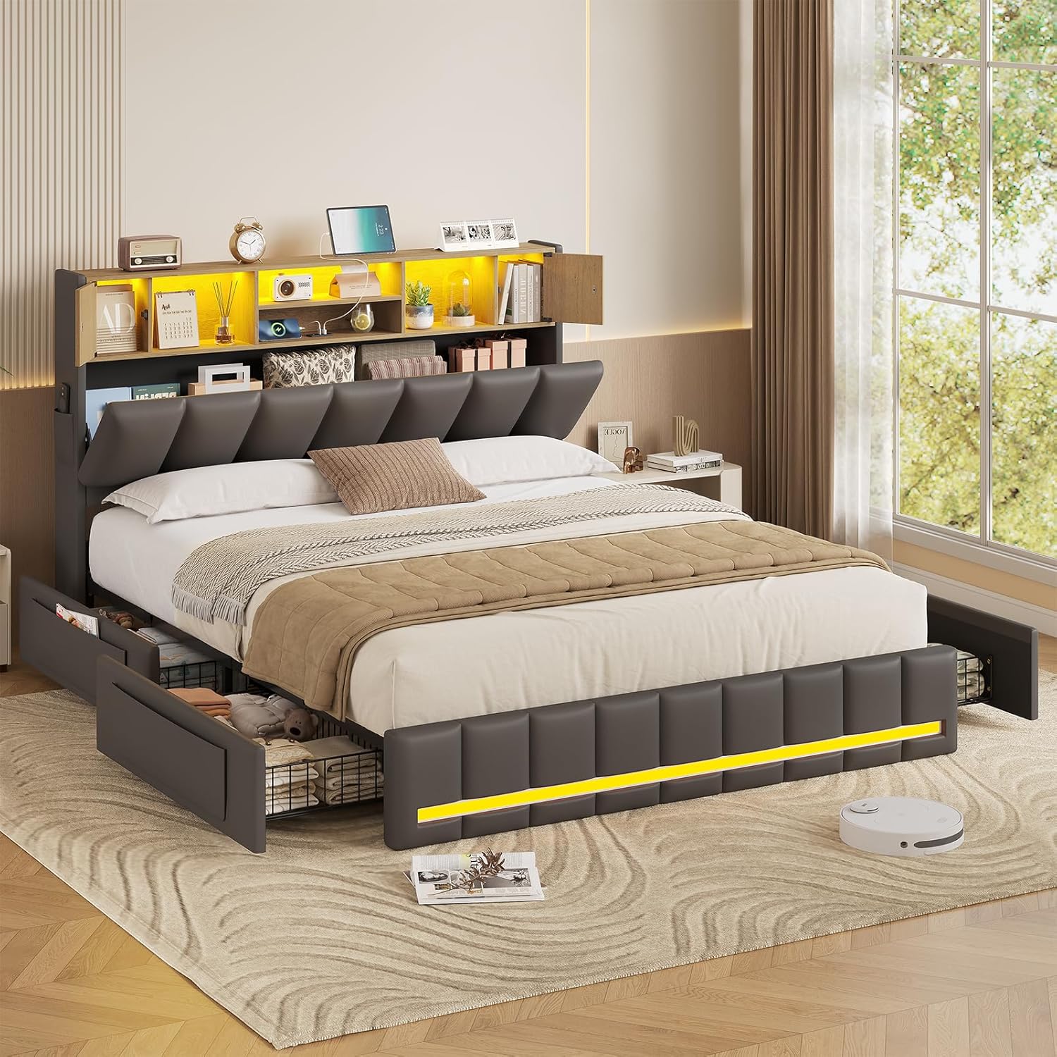 Bett 160x200 cm, Doppelbettgestell, Bett mit LED-Beleuchtung, Polsterbett, 4 Schubladen, Ladestation, Metallrahmen & Holzkopfteil mit Stauraum, für Schlafzimmer, Gästezimmer, Grau