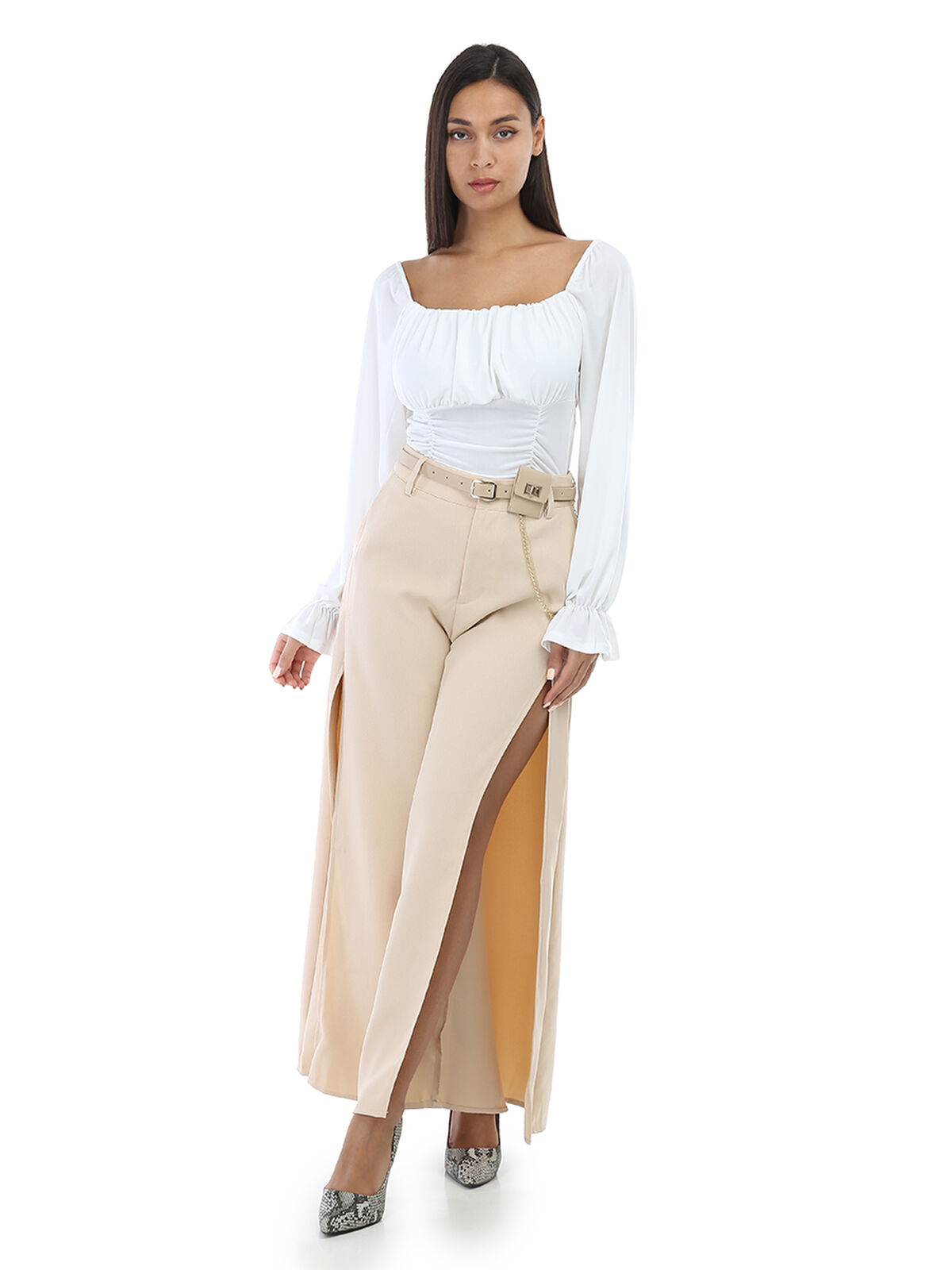 Maxi pantalon à fente et ceinture- Beige