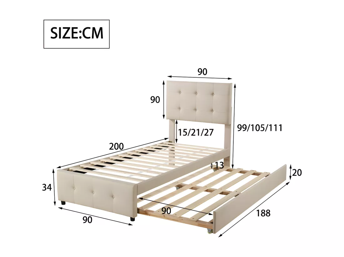 Lit gigogne capitonné 90x200cm - tête de lit réglable - tissu en lin - Beige