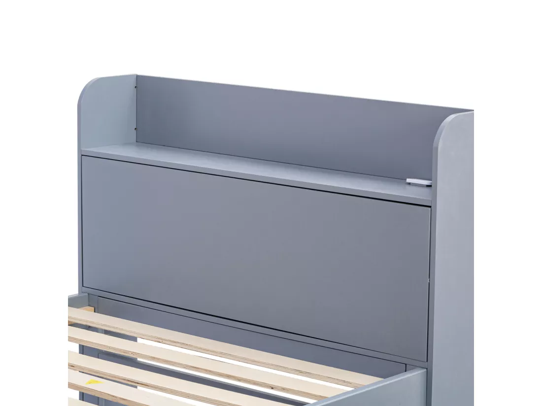 Lit gigogne 90x190cm, lit d'enfant avec tiroir extensible, sommier à lattes, tête de lit avec étagères de rangement et prise USB, gris