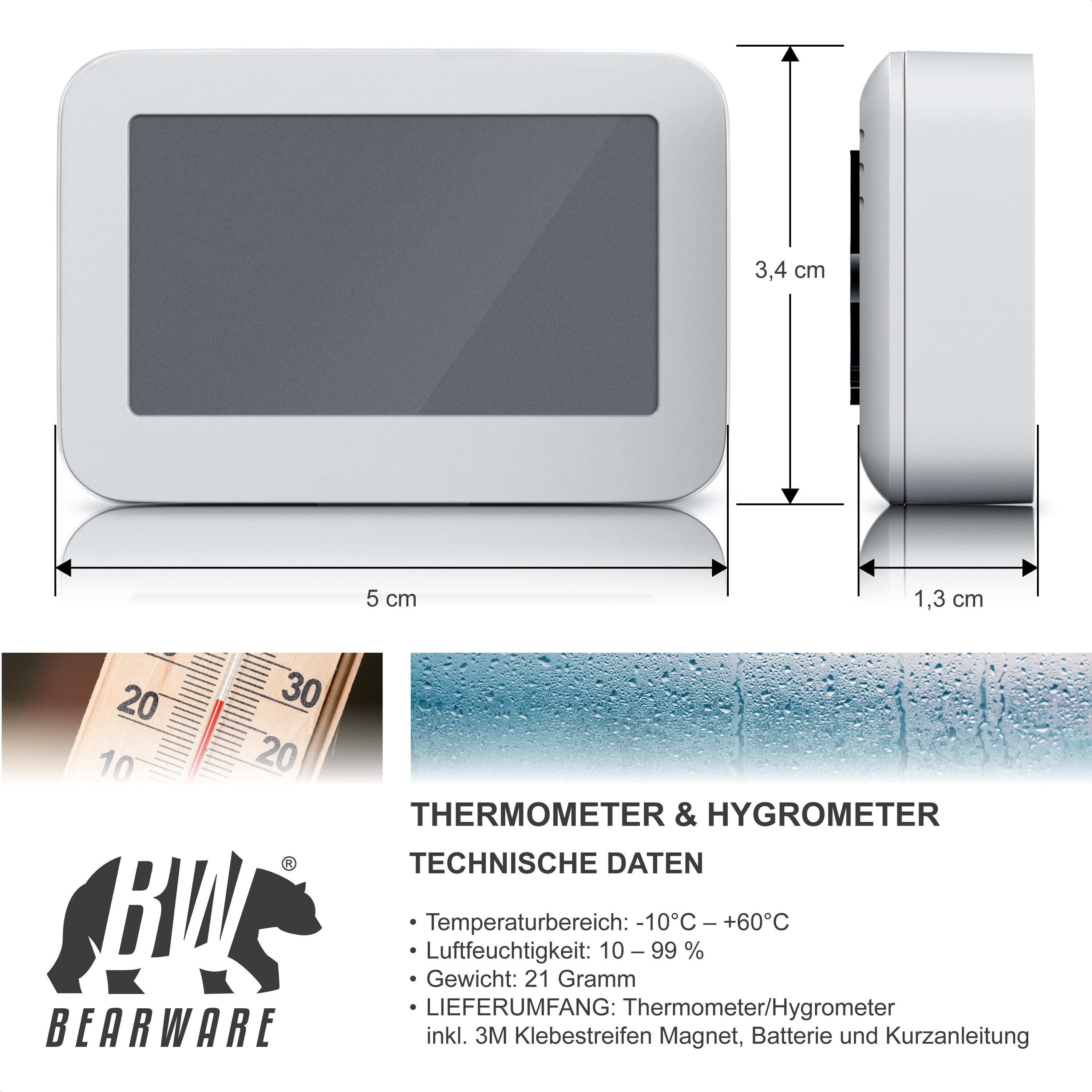BEARWARE - Thermometer Hygrometer digital Innen - Temperatur und Luftfeuchtigkeit - Komfortsymbole - gut ablesbar - LCD-Anzeige - inkl. Batterie