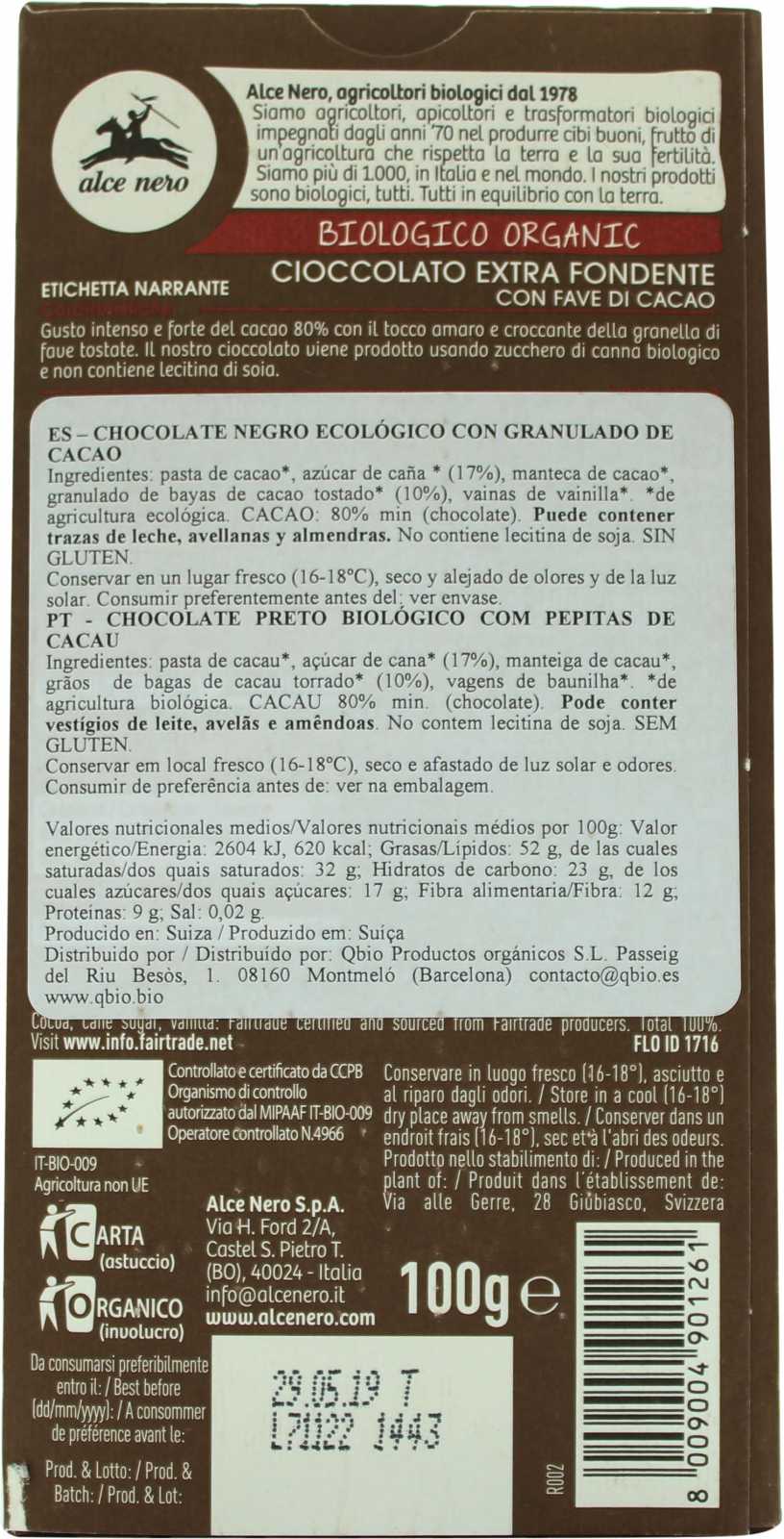 Alce Nero Chocolate con Pepitas de Cacao 100g
