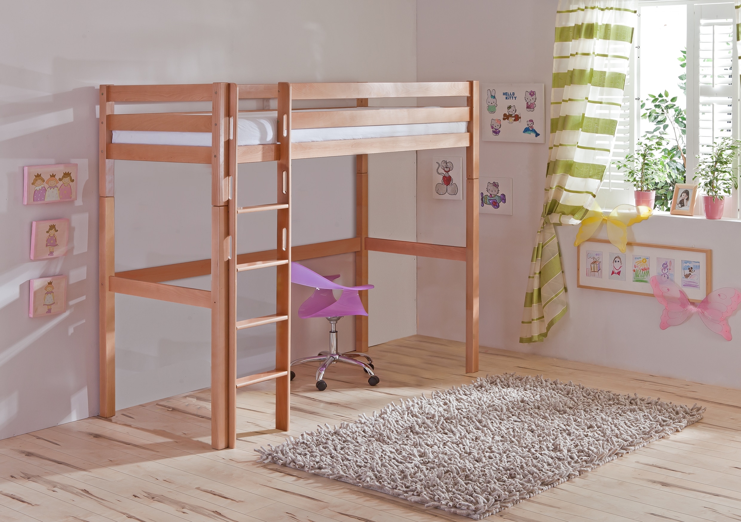 Relita - Hochbett TOLI Liegefläche 90 x 200 cm, Buche massiv natur lackiert