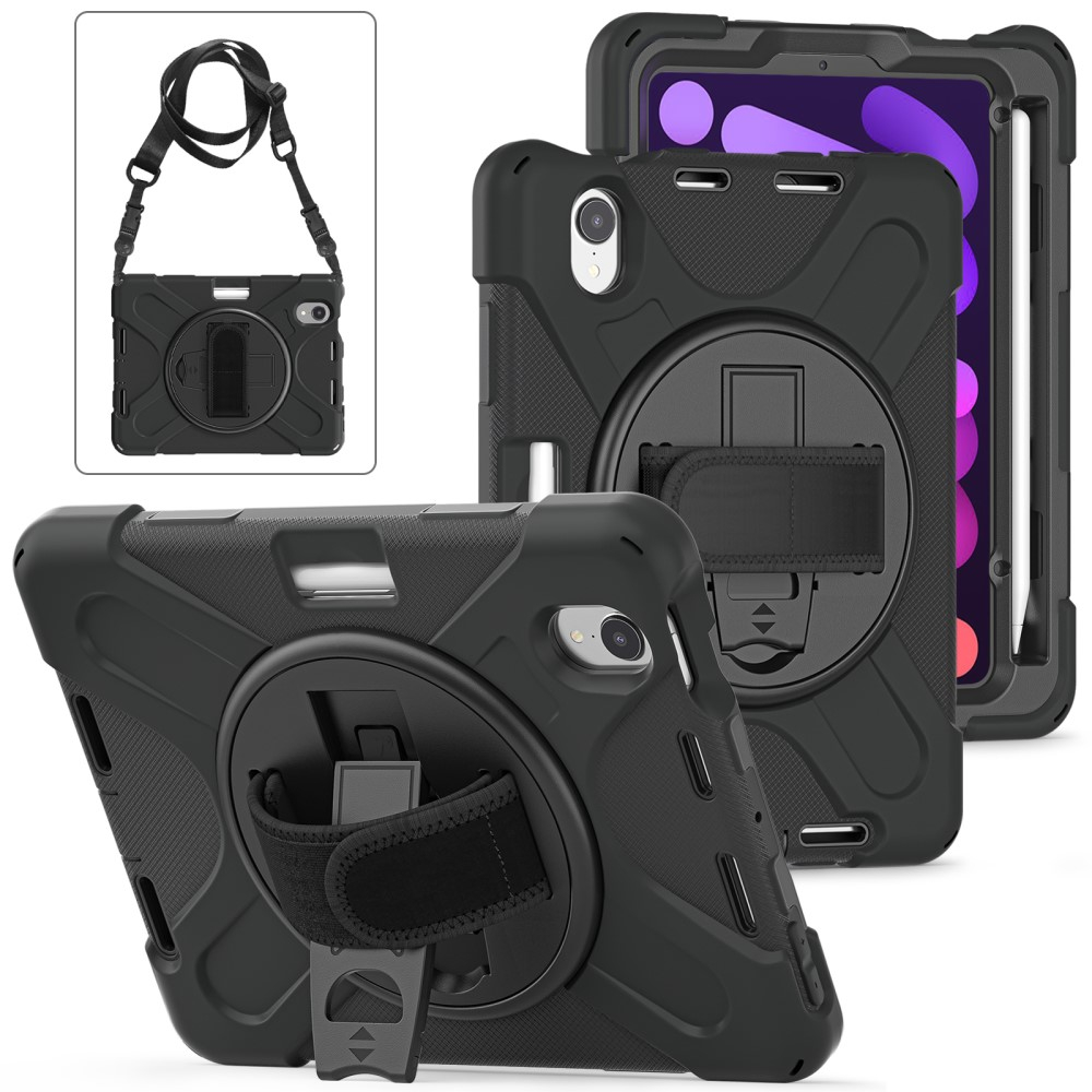 iPad Mini 7 (2024) / Mini 6 (2021) Hybrid Outdoor Silikon Case Hülle mit Aufsteller und Handschlaufe und Schultergurt - Schwarz