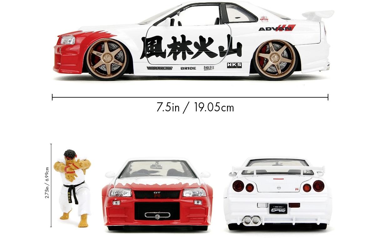 Street Fighter Nissan Skyline GTR 1:24Street Fighter Figur Ryu & 2002er Nissan Skyline GT-R
