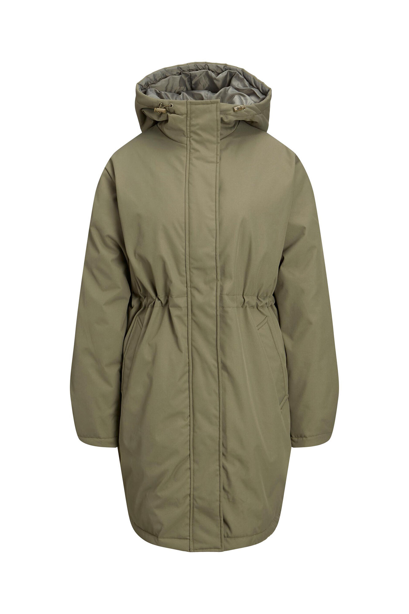 Parka feminina com capuz e cintura ajustável.