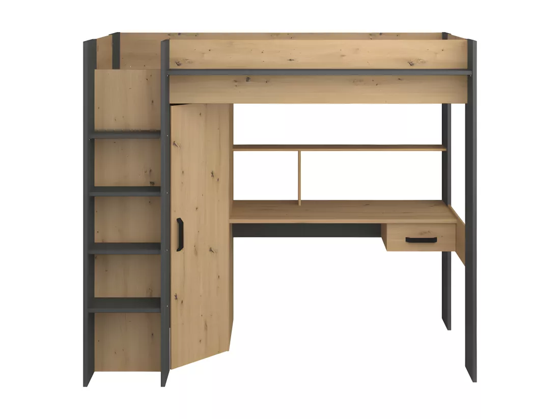 Lit mezzanine avec bureau et armoire - 90 x 200 cm - Coloris : Naturel et anthracite - AUCKLAND
