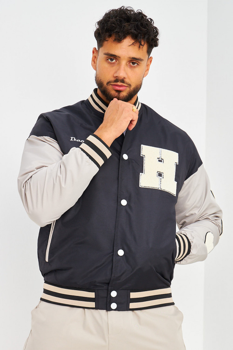 Bomber noir à manches grises brodé 