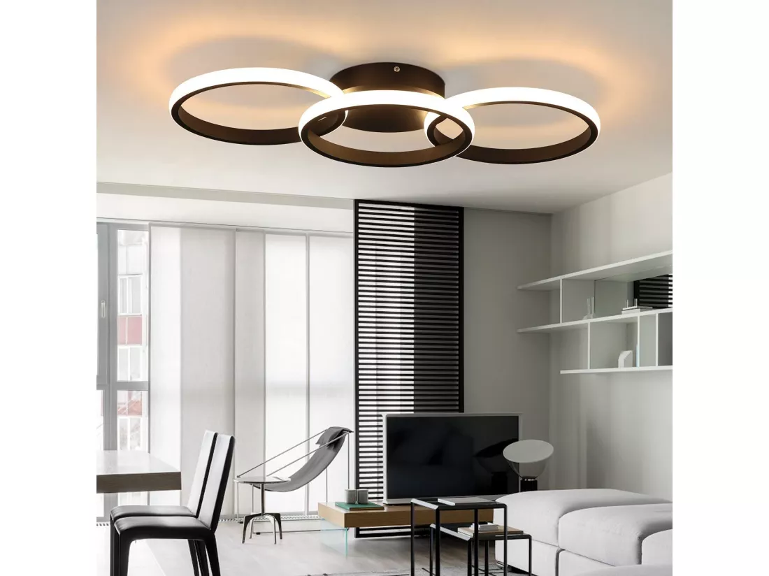 NETTLIFE Plafonnier LED Noir moderne Rond avec blanc chaud lampe de cuisine 36W pour salon, salle à manger, chambre, couloir