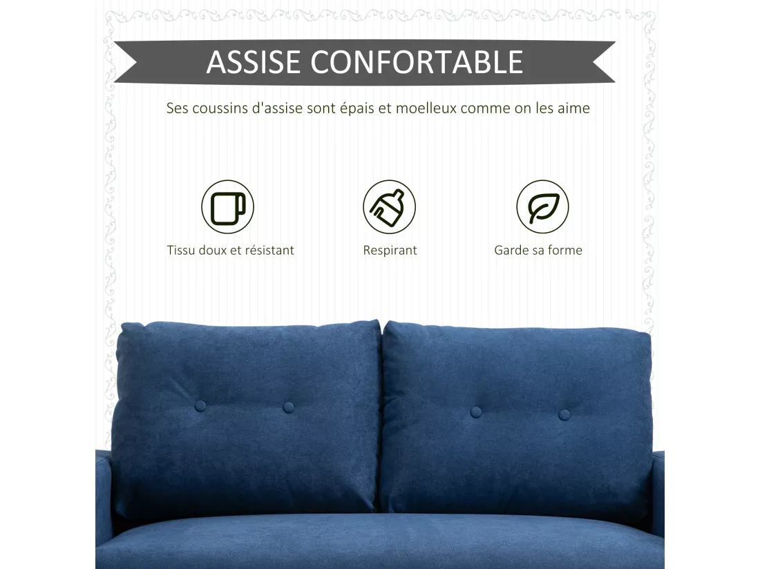 Canapé 2 places design scandinave dim. 145L x 76l x 88H cm pieds bois massif tissu bleu