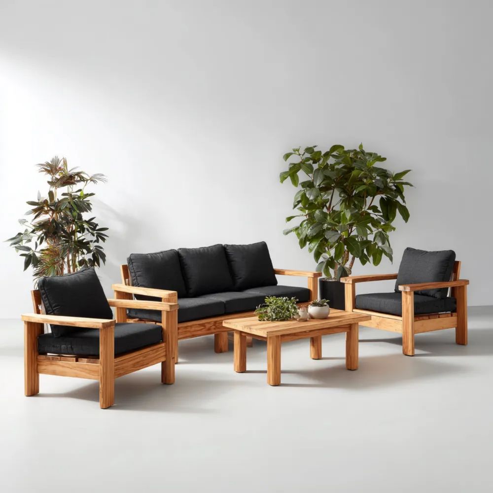 Garten-Sofaset aus Massivholz mit 3-Sitzer und 2 Sesseln (180x75x70 cm