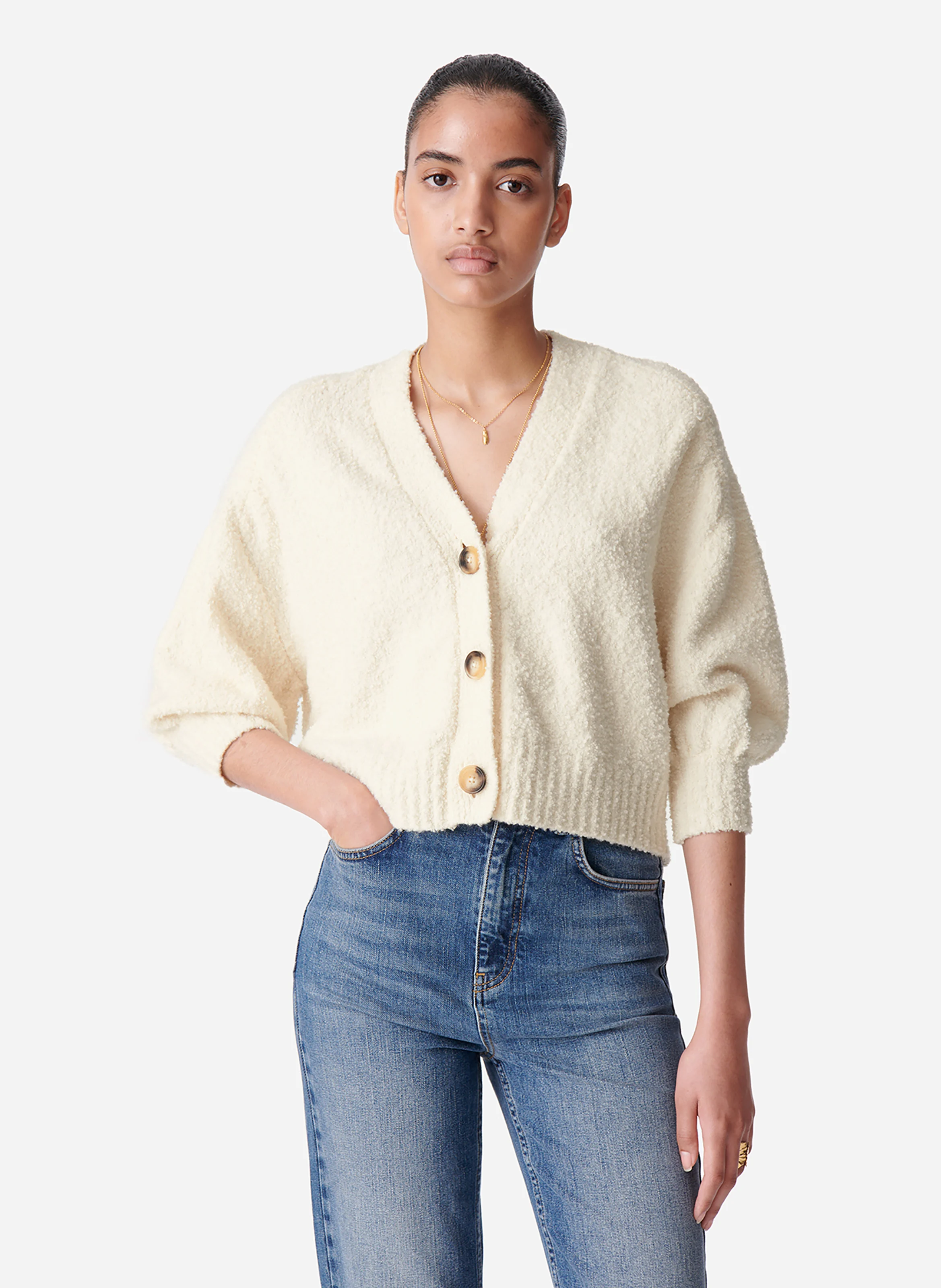 DALINDA - Cardigan col V en coton mélangé | Blanc