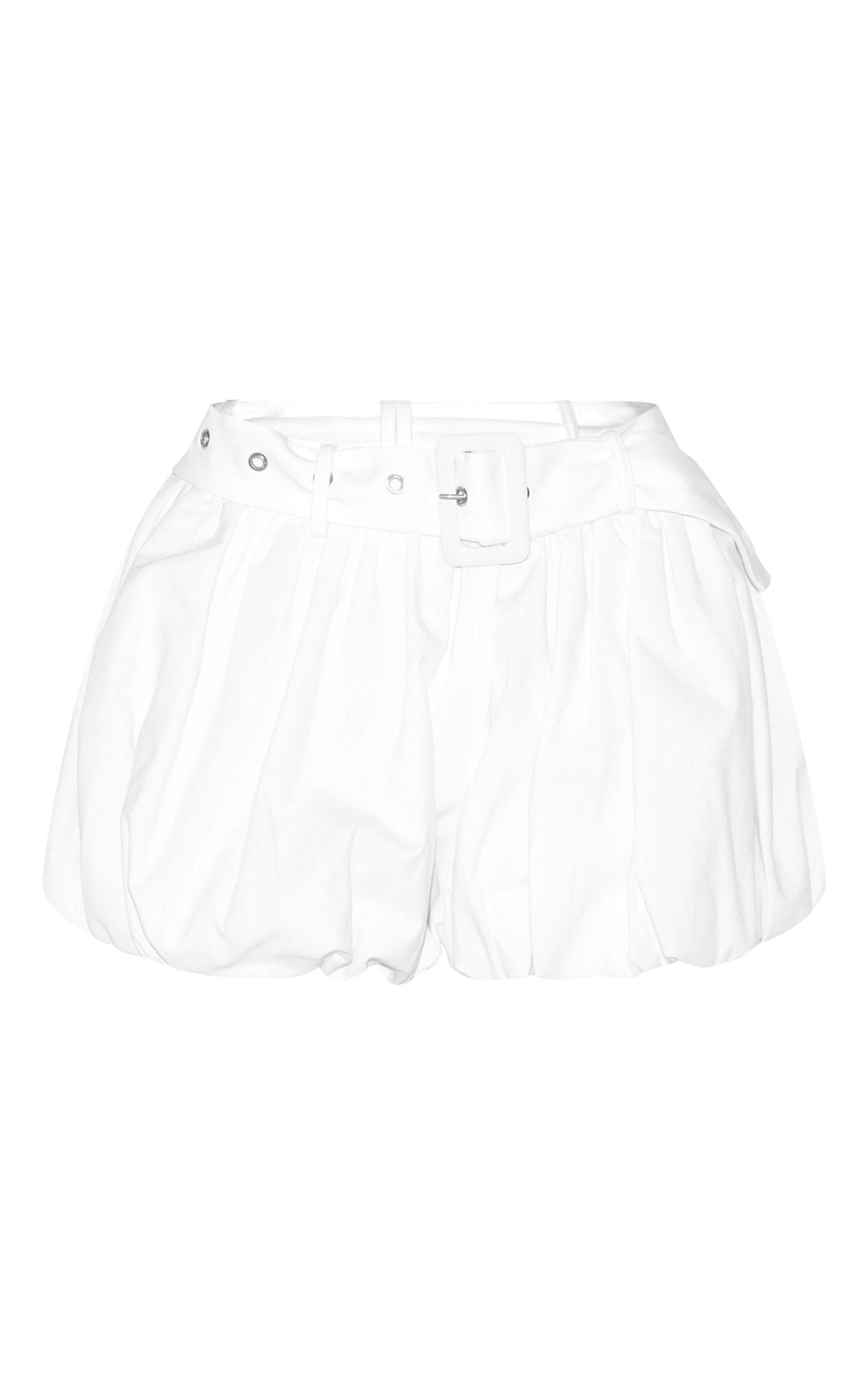 Blanc Mini-jupe Bouffante Ceinturée En Mélange De Lin