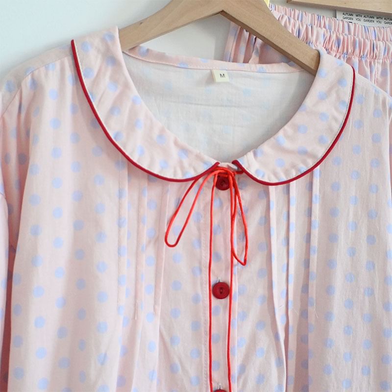 Somnus - Pyjamaset: Shirt met kanten rand en stippen + Broek