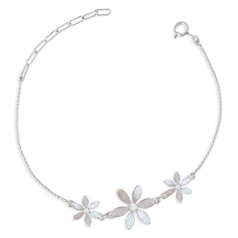 Bracelet ADEN réglable Nacre blanche 3 fleurs Argent rhodié 925 millième