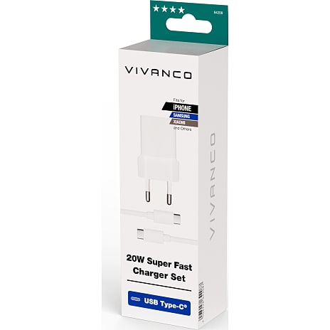 Vivanco hurtigoplader 20 W og 1,2m kabel - hvid