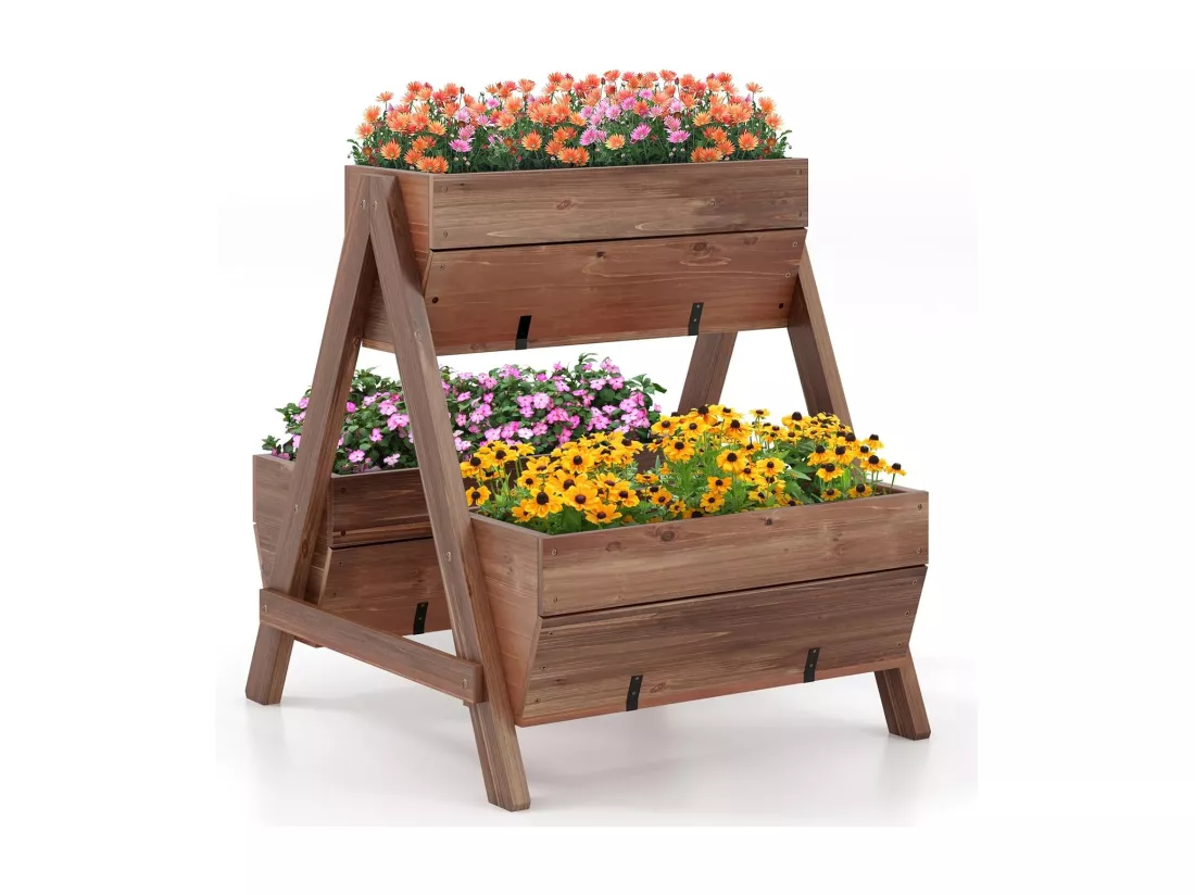Jardinière Surélevée Verticale en Bois, Lit de Jardin à 2 Niveaux avec 3 Bacs à Plantes Charge 30KG Trous de Drainage, pour Fruits Fleurs Légumes, Marron 66 x 73 x 73 cm