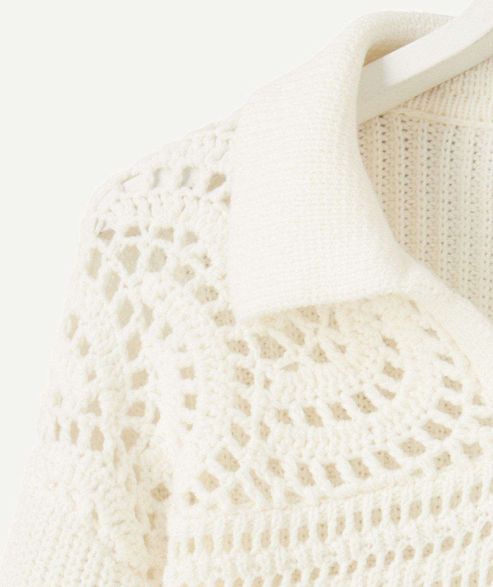 PULL FILLE ÉCRU EN TRICOT ET CROCHET AVEC COL