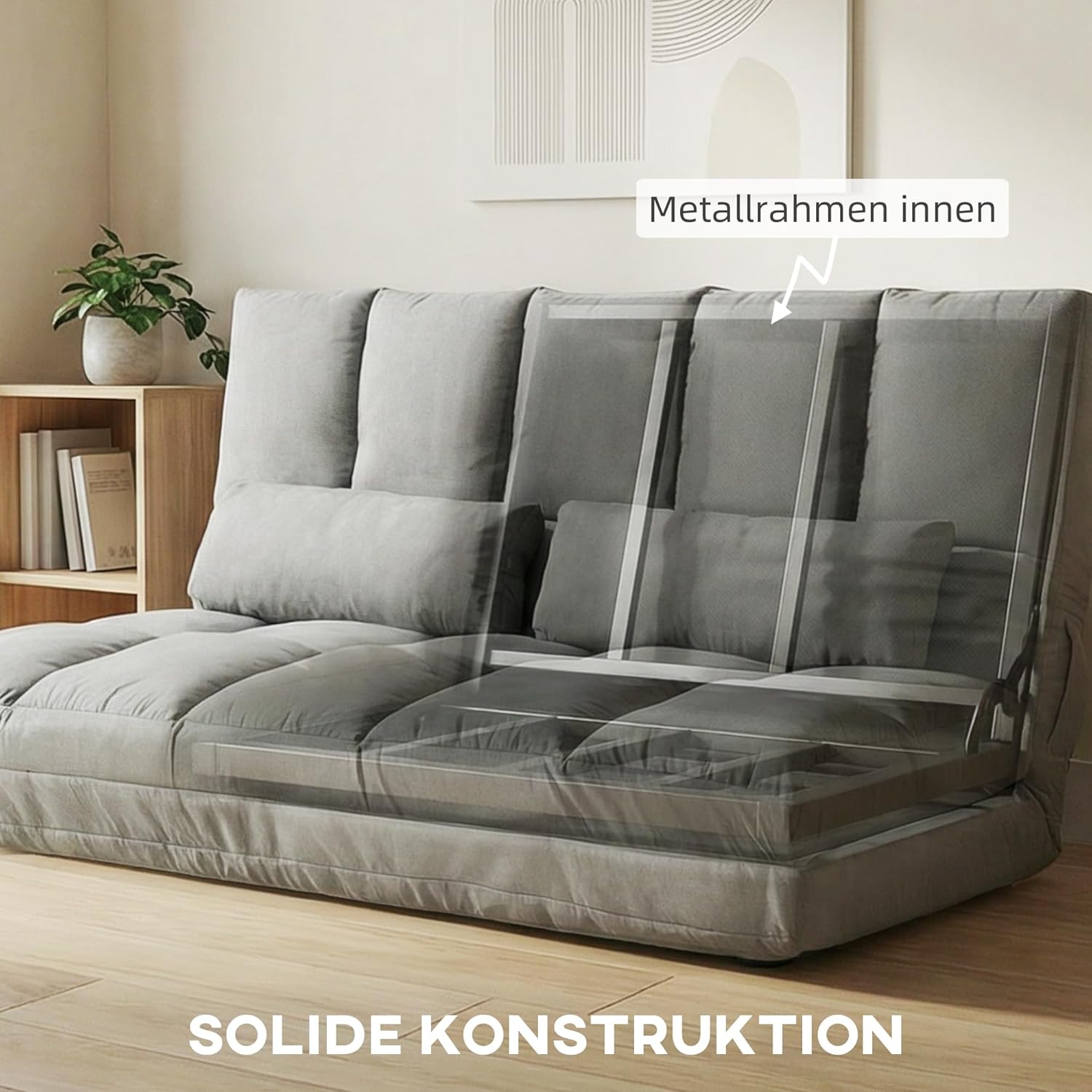 HOMCOM Bodensofa Schlafsofa Bodensofa mit 3-stufig verstellbar Rückenlehne, 5-stufig verstellbar Kopfstütze, Klappsessel Sofabett Hellgrau 130 x 73 x 60 cm