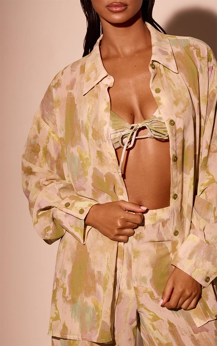 Vert Olive Chemise De Plage En Mousseline Imprimé Abstrait