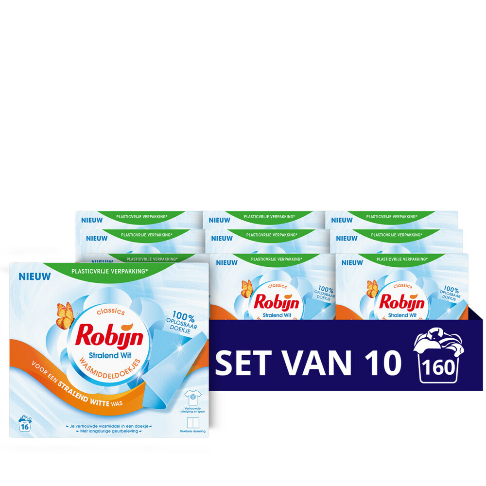 10x Robijn Wasmiddeldoekjes Stralend Wit16 stuks