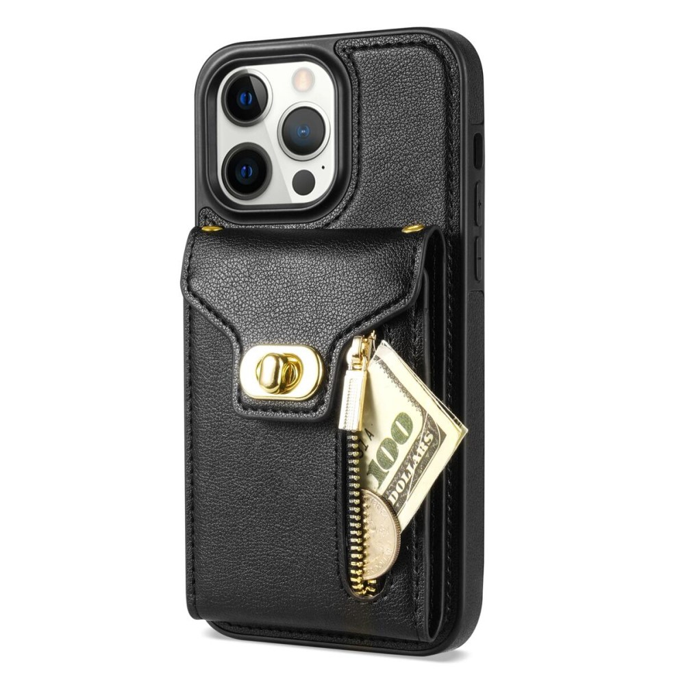 iPhone 15 Pro Max Necklace Leder Schutz Hülle mit Kartenfächer   Handykette (120cm) - Schwarz