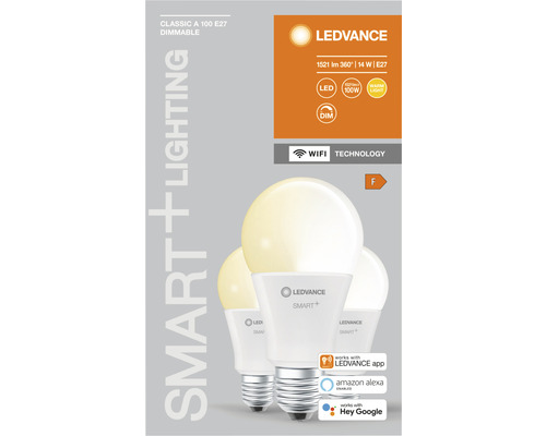 Ledvance Smart WIFI LED-lampen, dimbaar, A100 E27/14W (100W), mat, 1521 lm, 2700 K warm wit, 3-pack