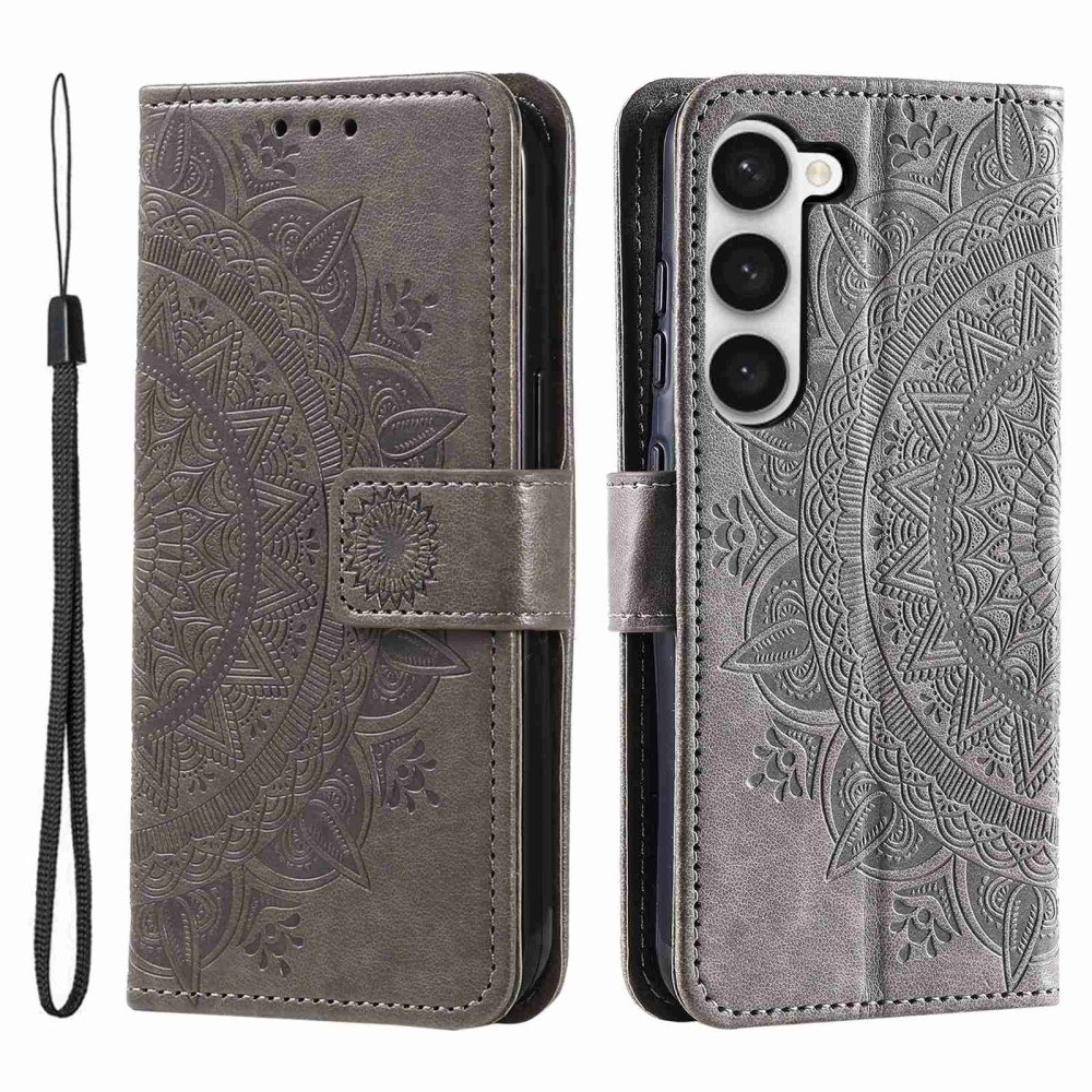 Samsung Galaxy S23  Plus 5G Leder Tasche Wallet - Mandala Flowers Imprint - Grau