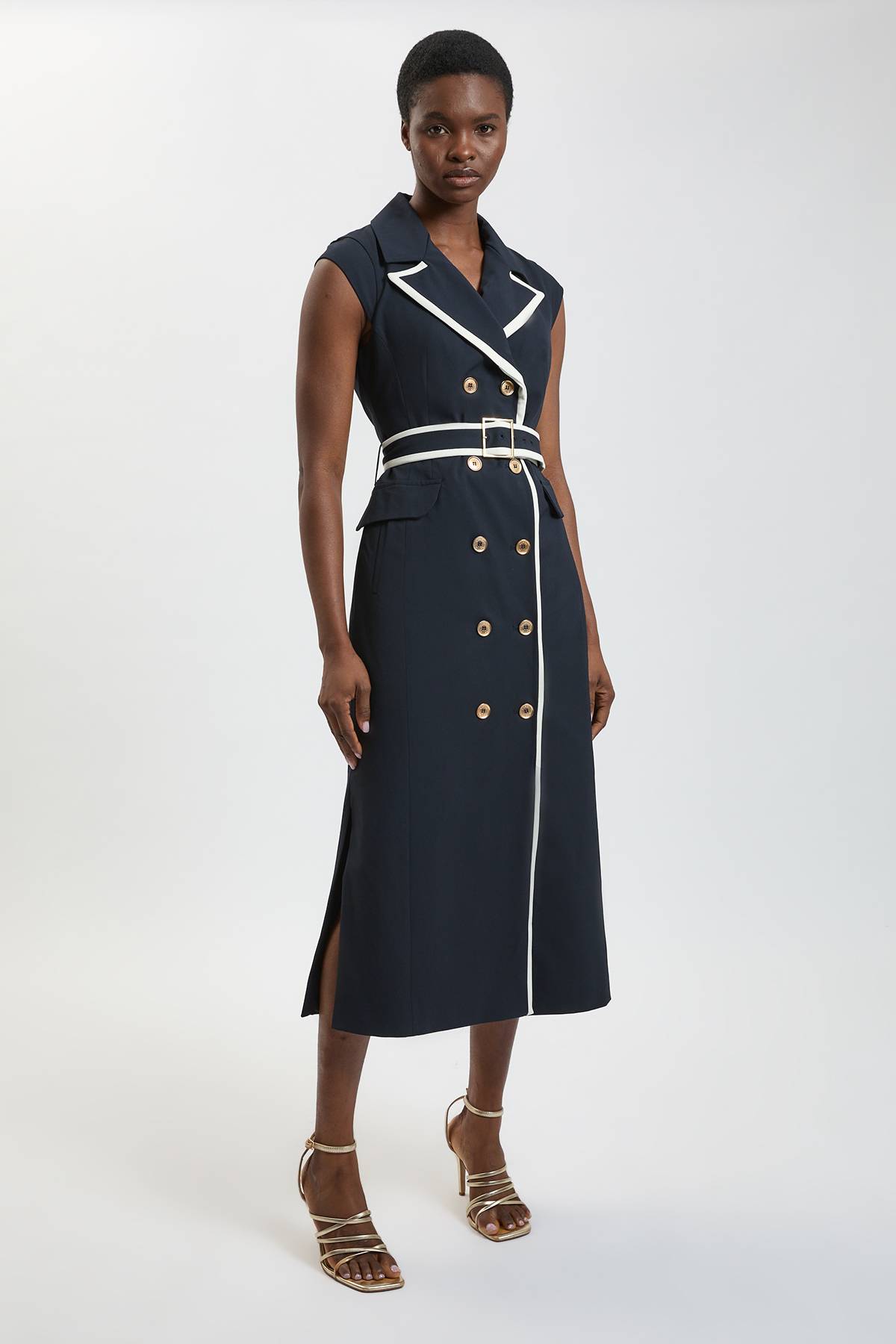 KarenMillen Robe Midi Ajustée Cintrée À Double Boutonnage En Stretch Compact Avec Liseré Contrastant