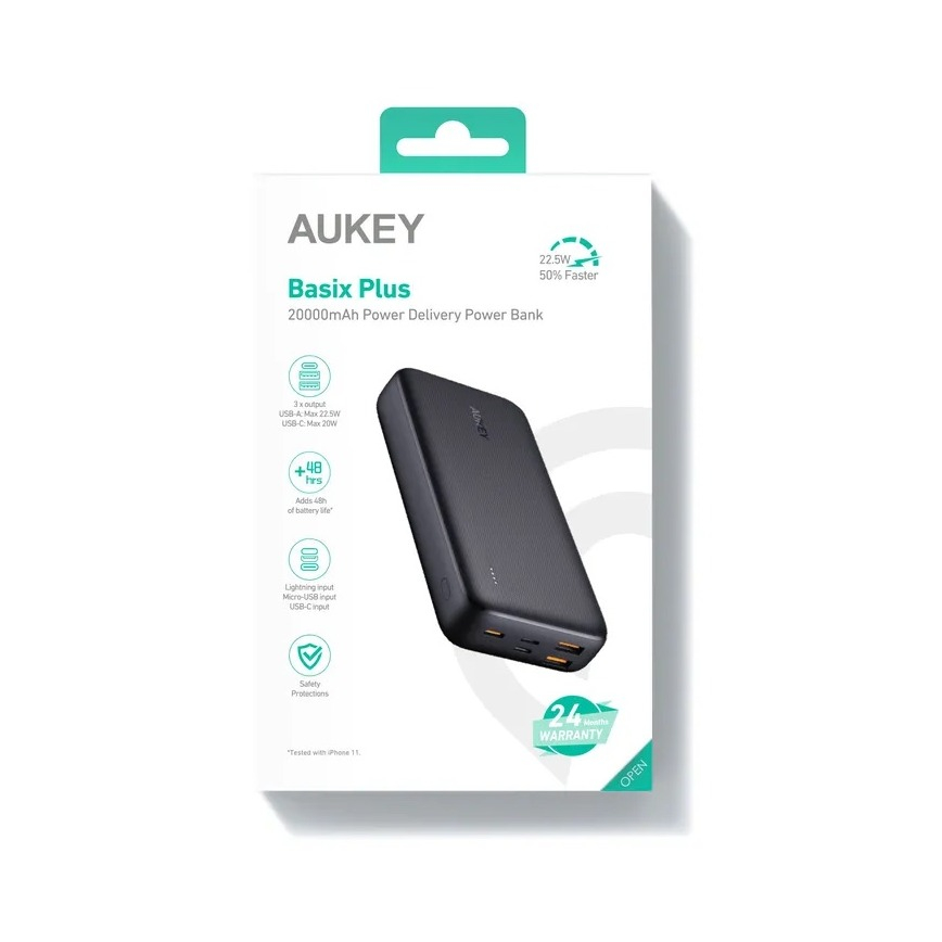 (22.5W) Basix Plus 20000mAh Dual USB A / USB C / Micro USB Powerbank (PB-N74S) - Schwarz