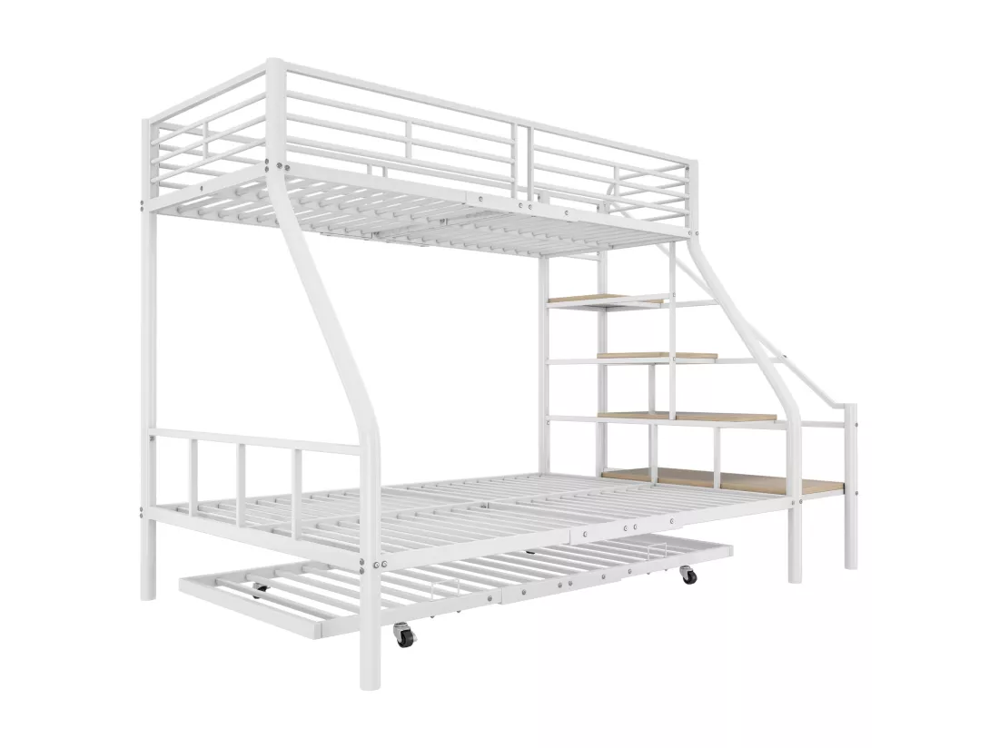 Lit superposé 90x200cm & 140x200cm - avec lit gigogne 90x190cm - cadre en fer - Blanc