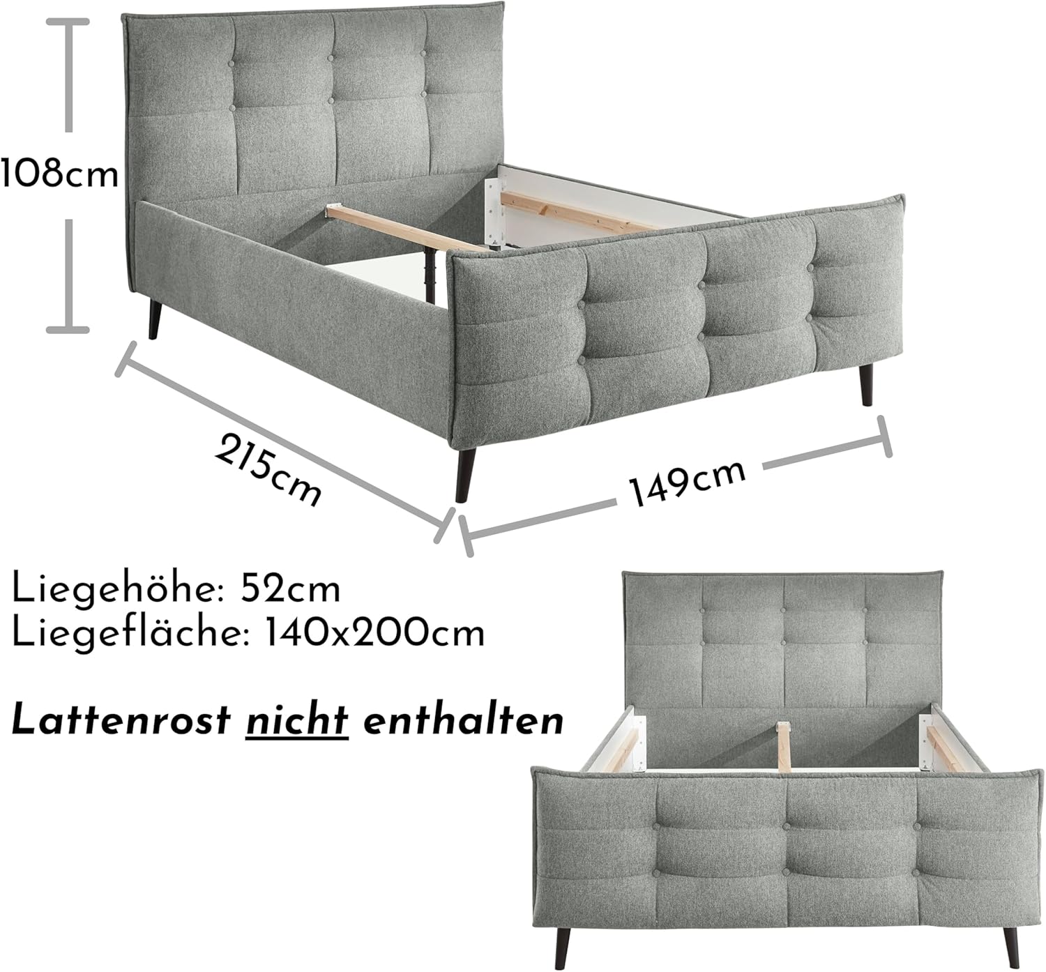 Stella Trading Mario B Polsterbett Bettgestell 140x200, Grau - Modernes Doppelbett mit dekorativer Steppung und Massivholz Füßen - 149 x 108 x 215 cm (B/H/T)
