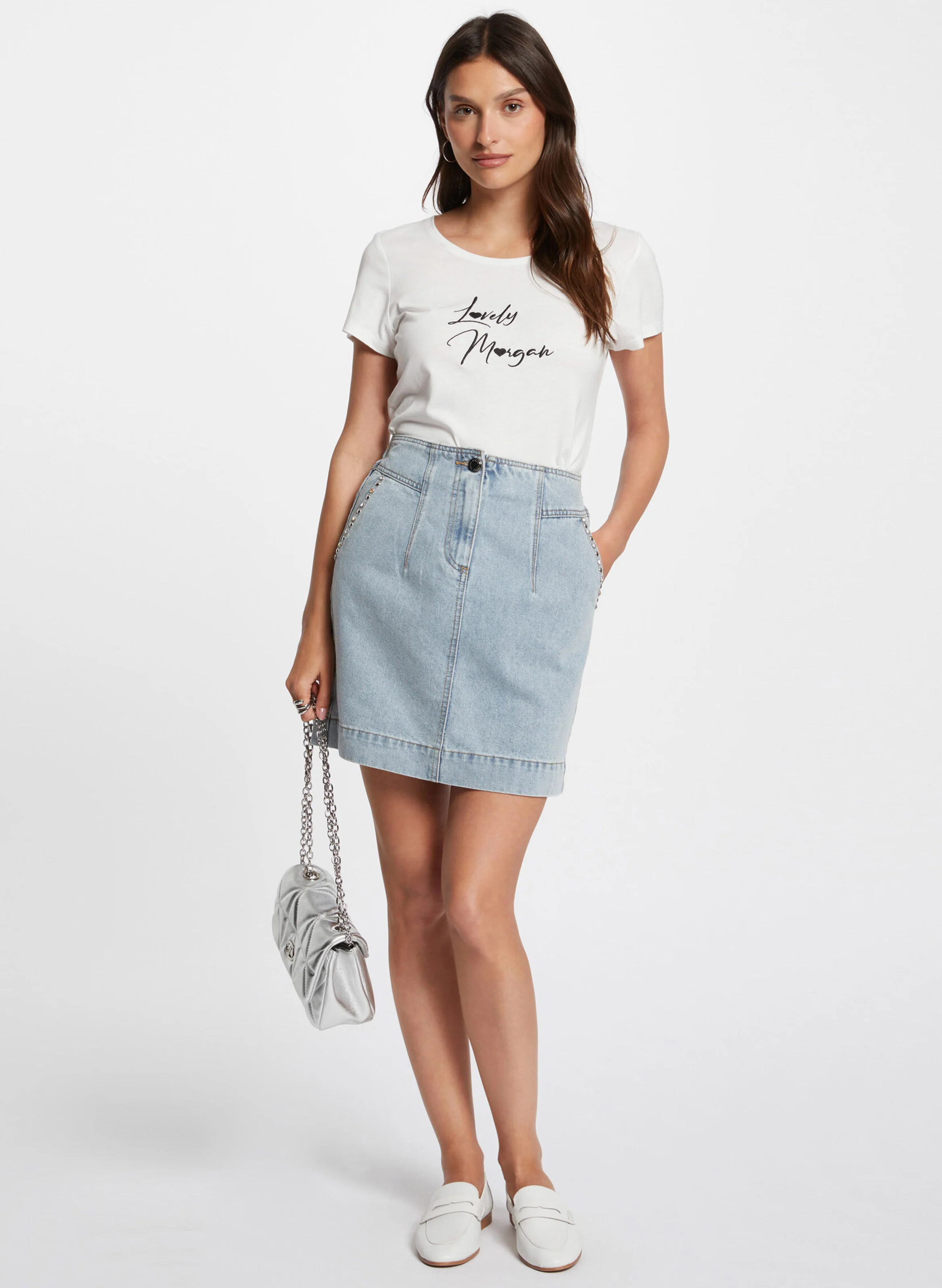 JAQUA - Jupe courte droite en denim de coton | Bleu