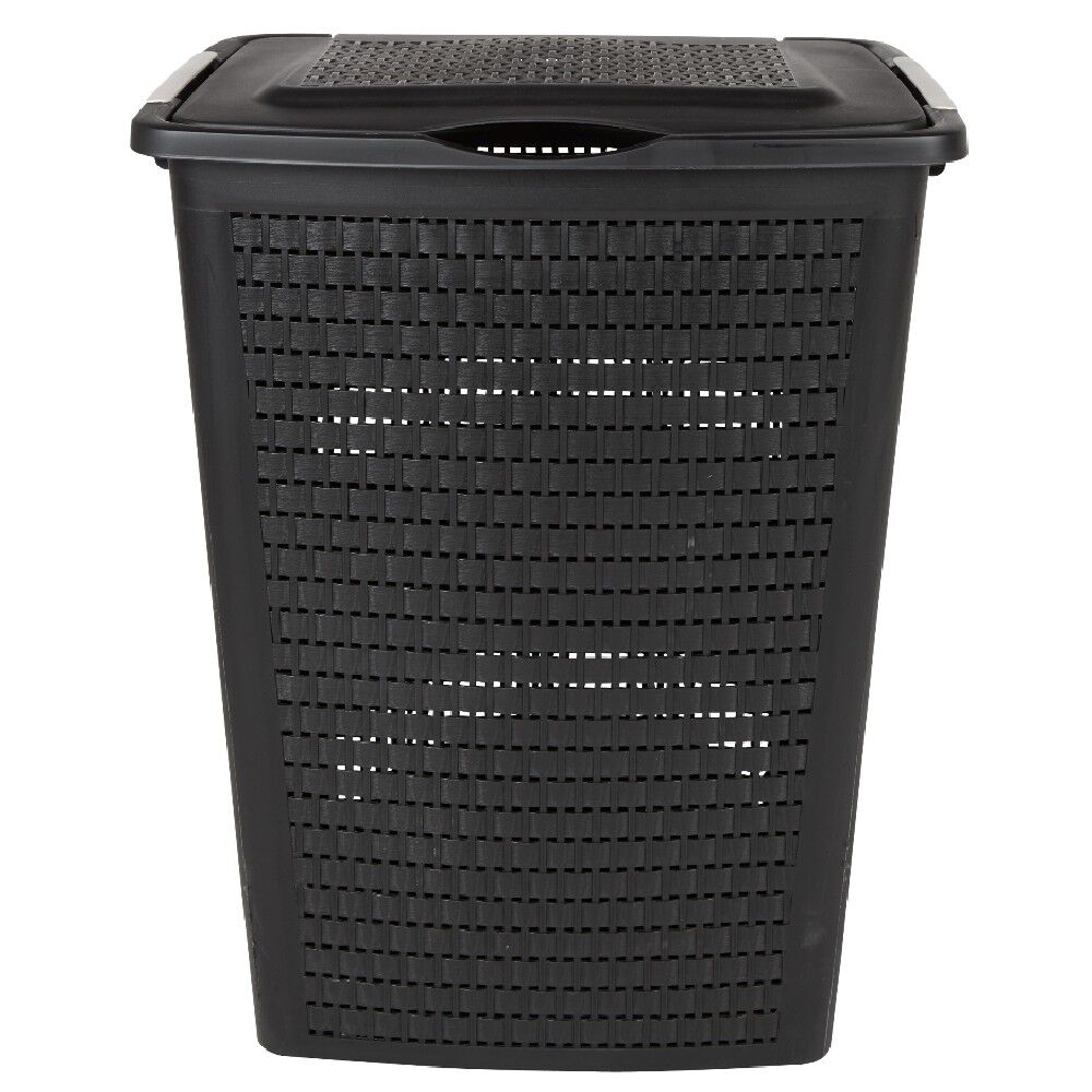 Panier à linge avec poignées et couvercle design rotin noir 50 L