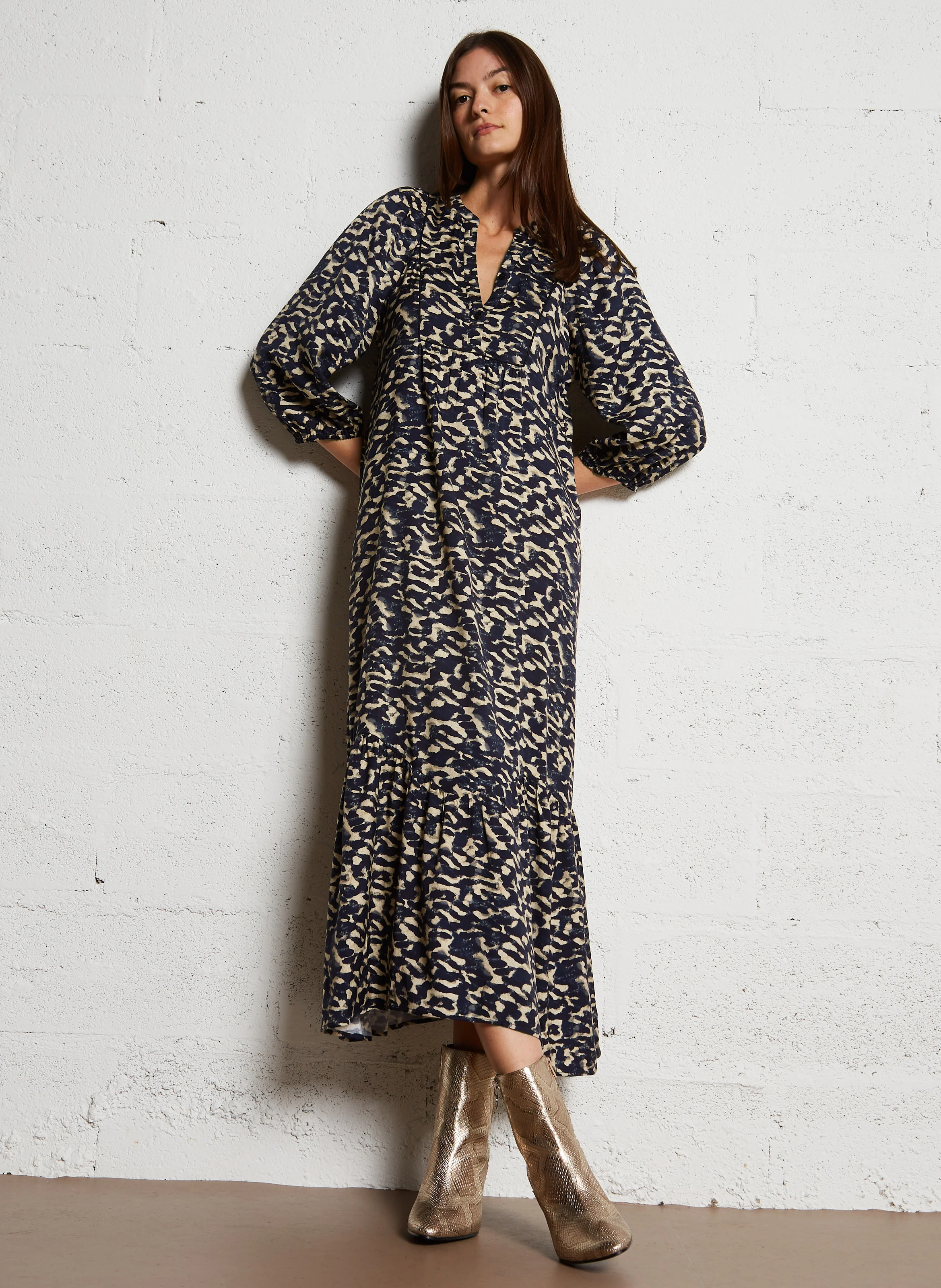 AGATHA - Robe longue droite à col V | Bleu