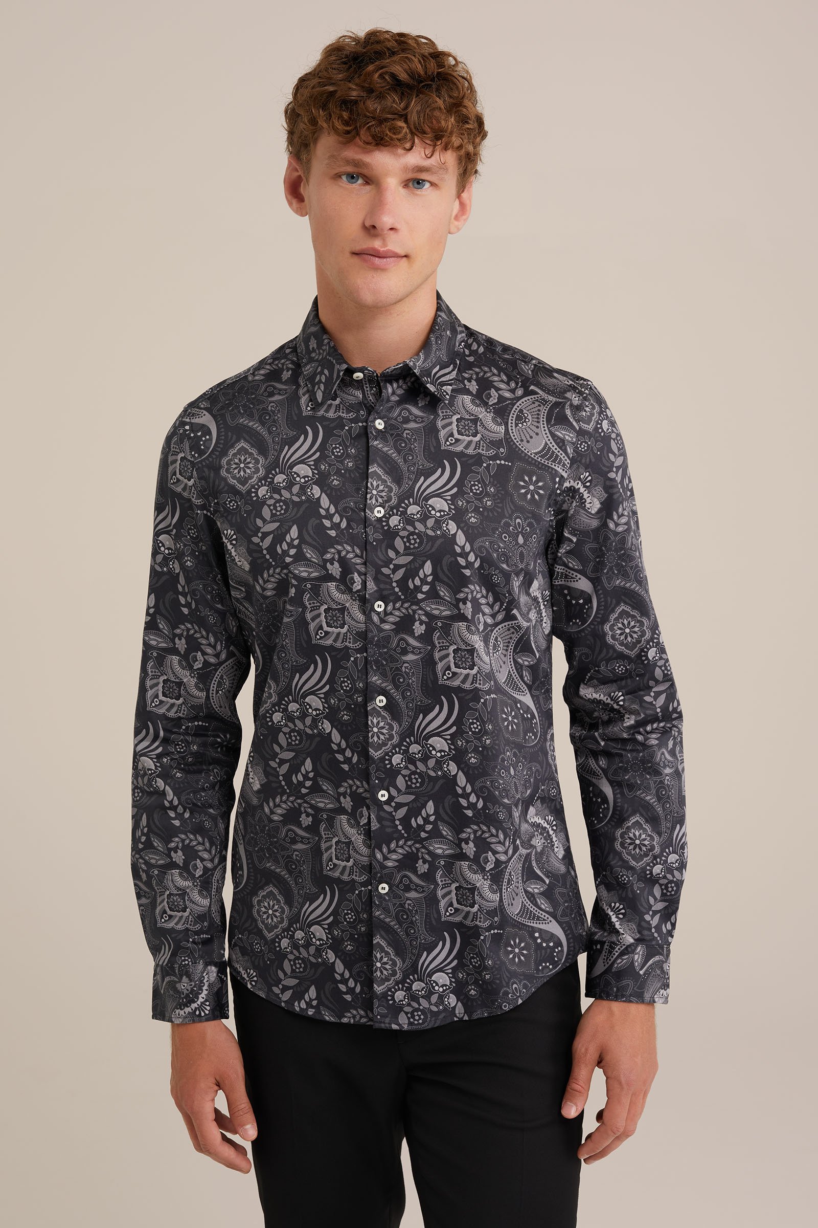satijn look overhemd met print WE Fashion Donkergrijs