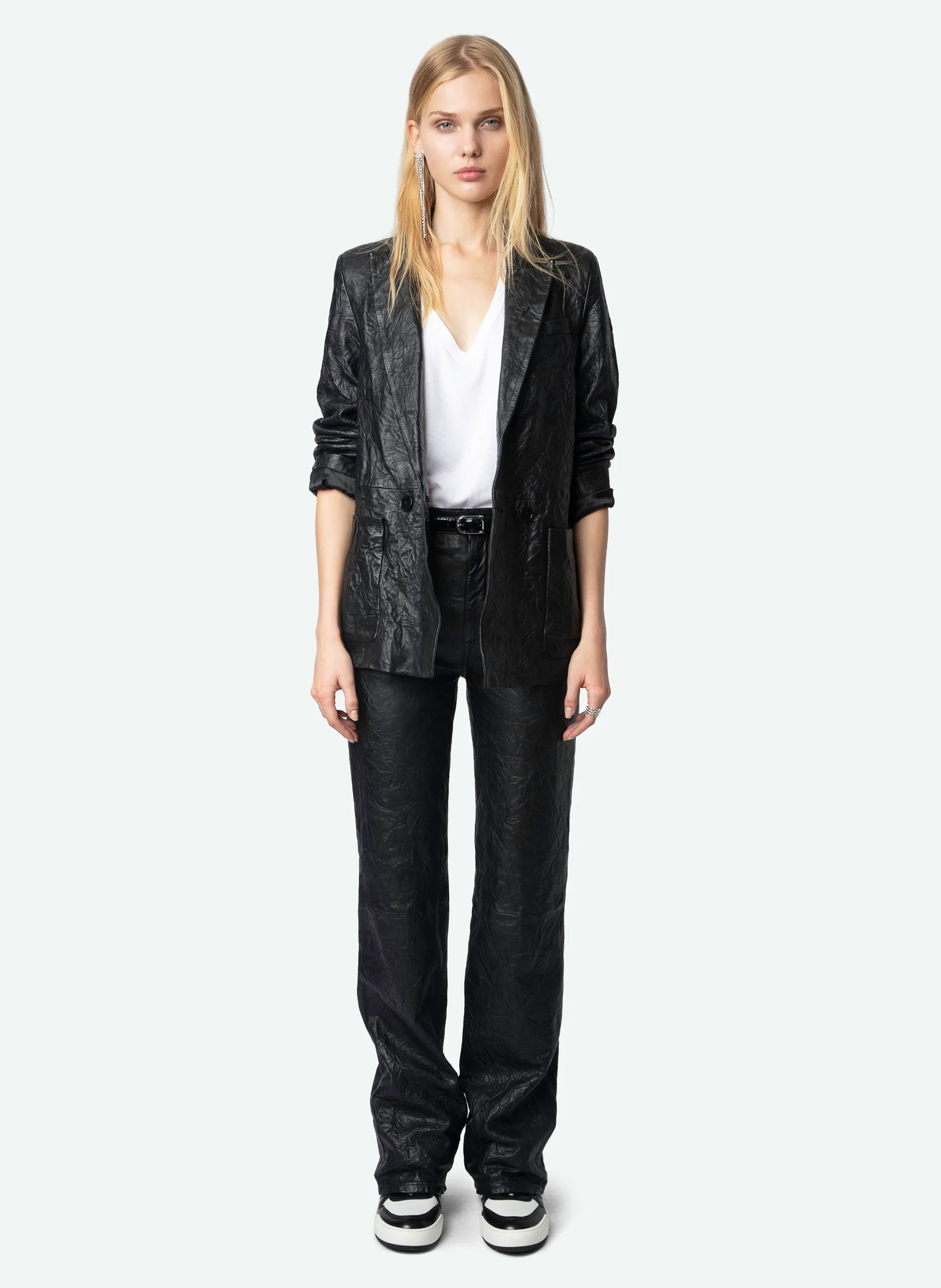 ELIO - Pantalon droit en cuir froissé | Noir