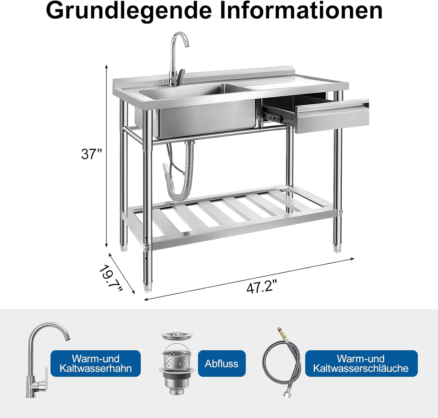 Freistehende Edelstahl Spültisch, 1 Becken mit Rechte Schublade, Gewerbliche Spülbecken mit Wasserhahn,Kalt und Warmwasserschläuchen,für Waschküche,Bauernhaus, Innen- und Außenspüle (47 Zoll)