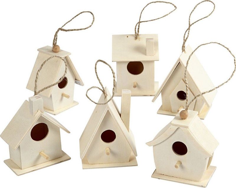 6x Houten hobby knutsel vogelhuisje 7 cm - Knutselpakket vogelhuisjes/nestkastjes