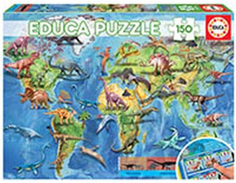 EDUCA - Wereldkaart Dino's - Puzzel - 150 Stuks - Kleurrijke Illustraties