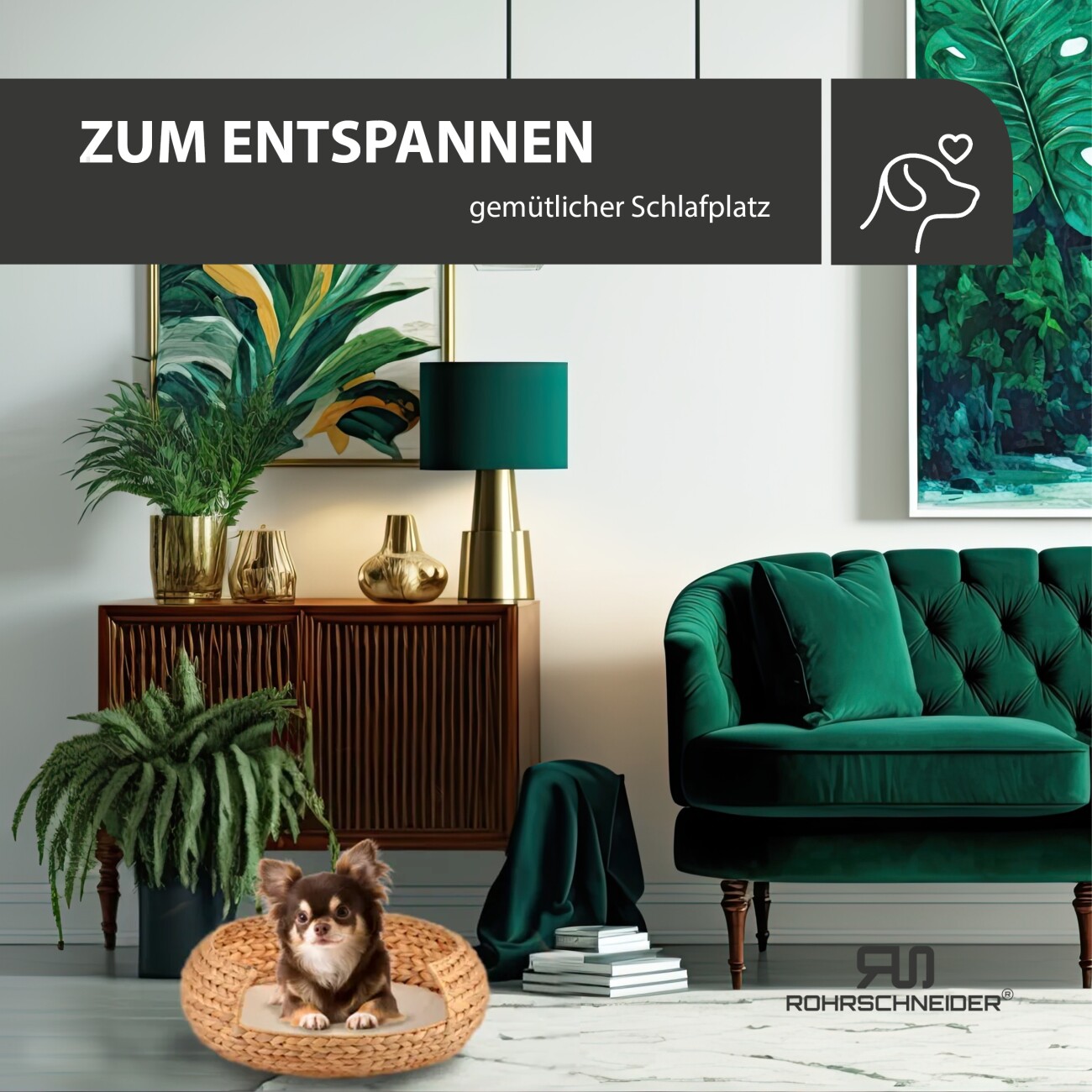 Rohrschneider ® runder Hundekorb aus geflochtener Wasserhyazinthe, Hundesofa für kleine, mittelgroße und große Hunde