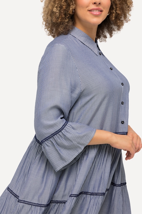 Kleid, Stickereibänder, A-Linie, Hemdkragen, 3/4-Arm