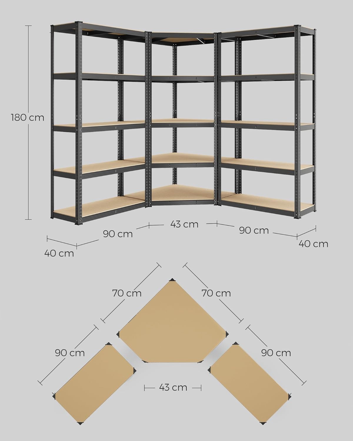 SONGMICS Eckregal-Set 5 Ebenen, Schwerlastregal, Metall, Lagerregal für Garage, Abstellraum, Kellerregal, bis 2625 kg belastbar, tintenschwarz-naturbeige GLR070B03
