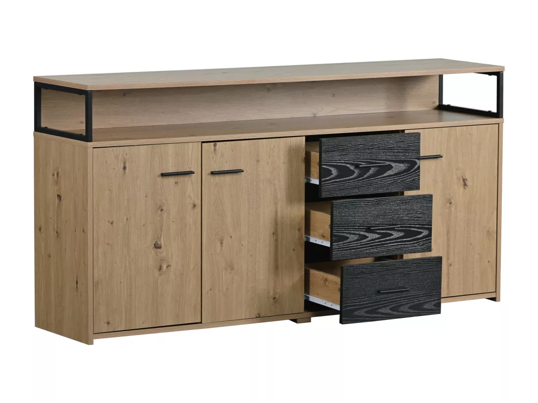Buffet industriel effet bois avec 3 portes et 3 tiroirs rangement avec poignée métallique 150x35x75,9cm VAGNAD