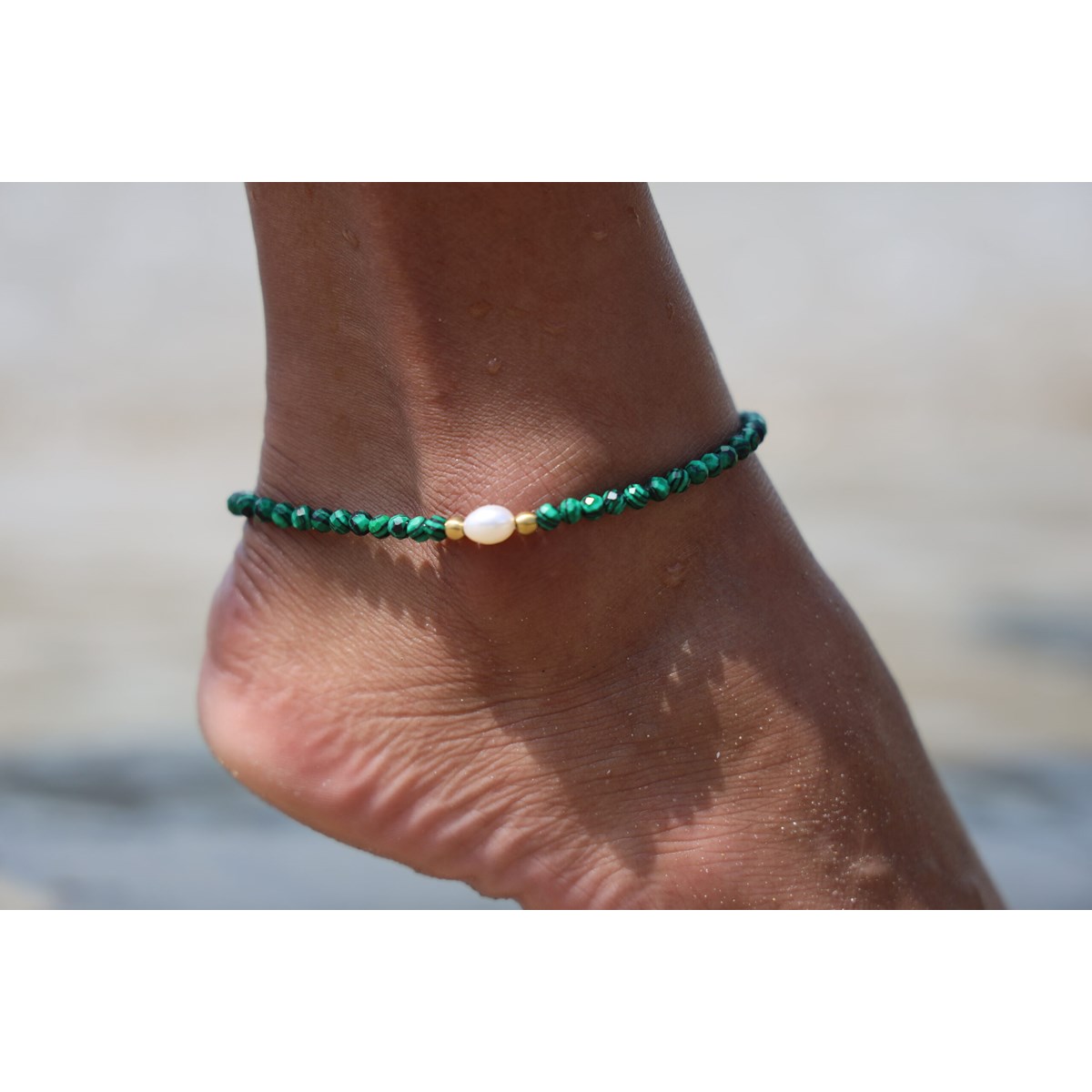 Sixty Stones - 60 - Chaîne De Cheville Perles Doré Et Onyx Vert - 25 X 0,4 Cm-