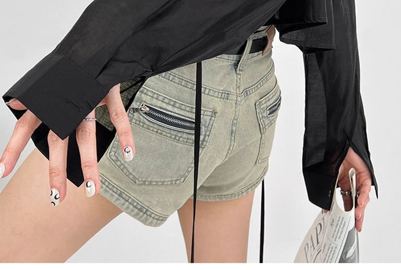 Okalpis - Low Rise Washed Wide-Leg Denim Shorts