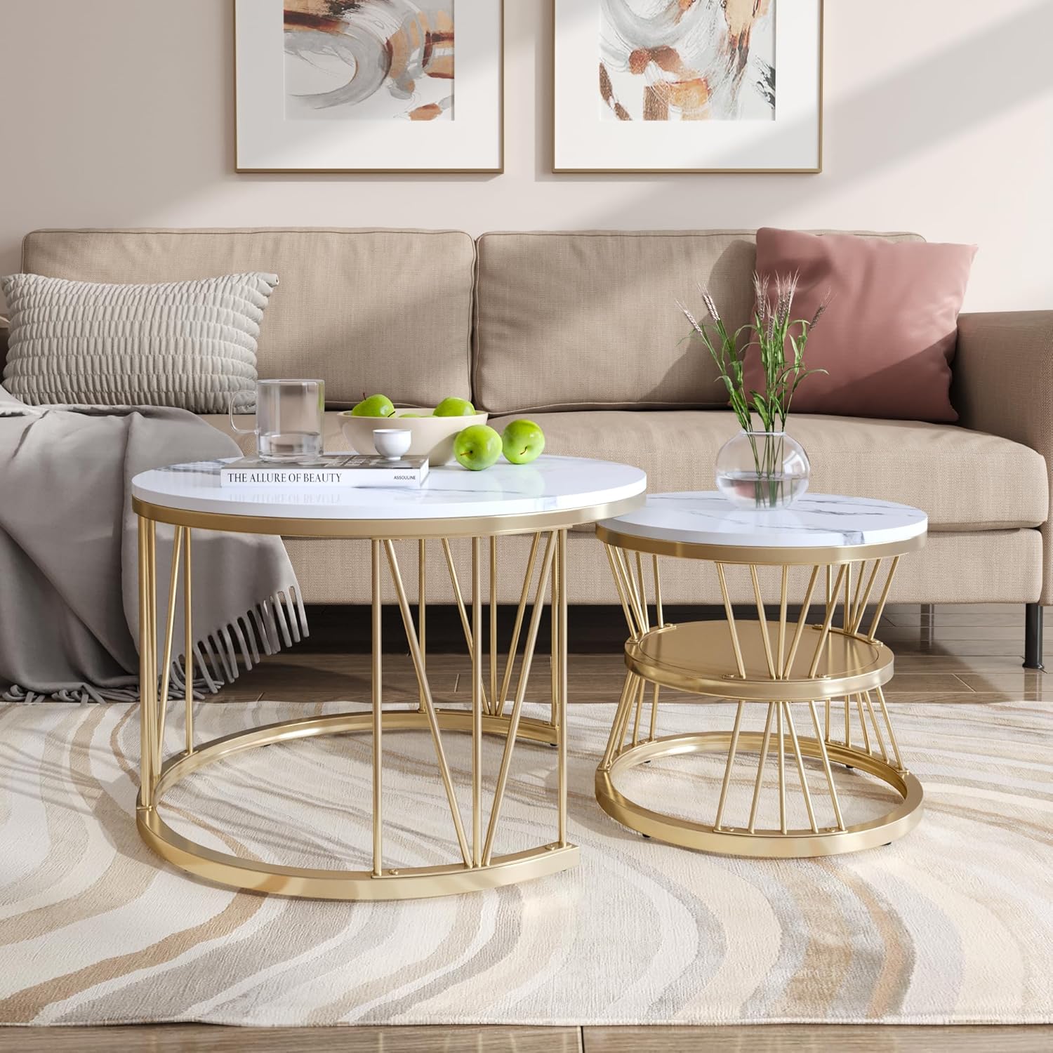 Couchtisch Rund 2er Set,Wohnzimmertisch mit Stauraum,Marmoroptik und Metallgestell,Beistelltisch,für Wohnzimmer,Balkon (Gold-4)